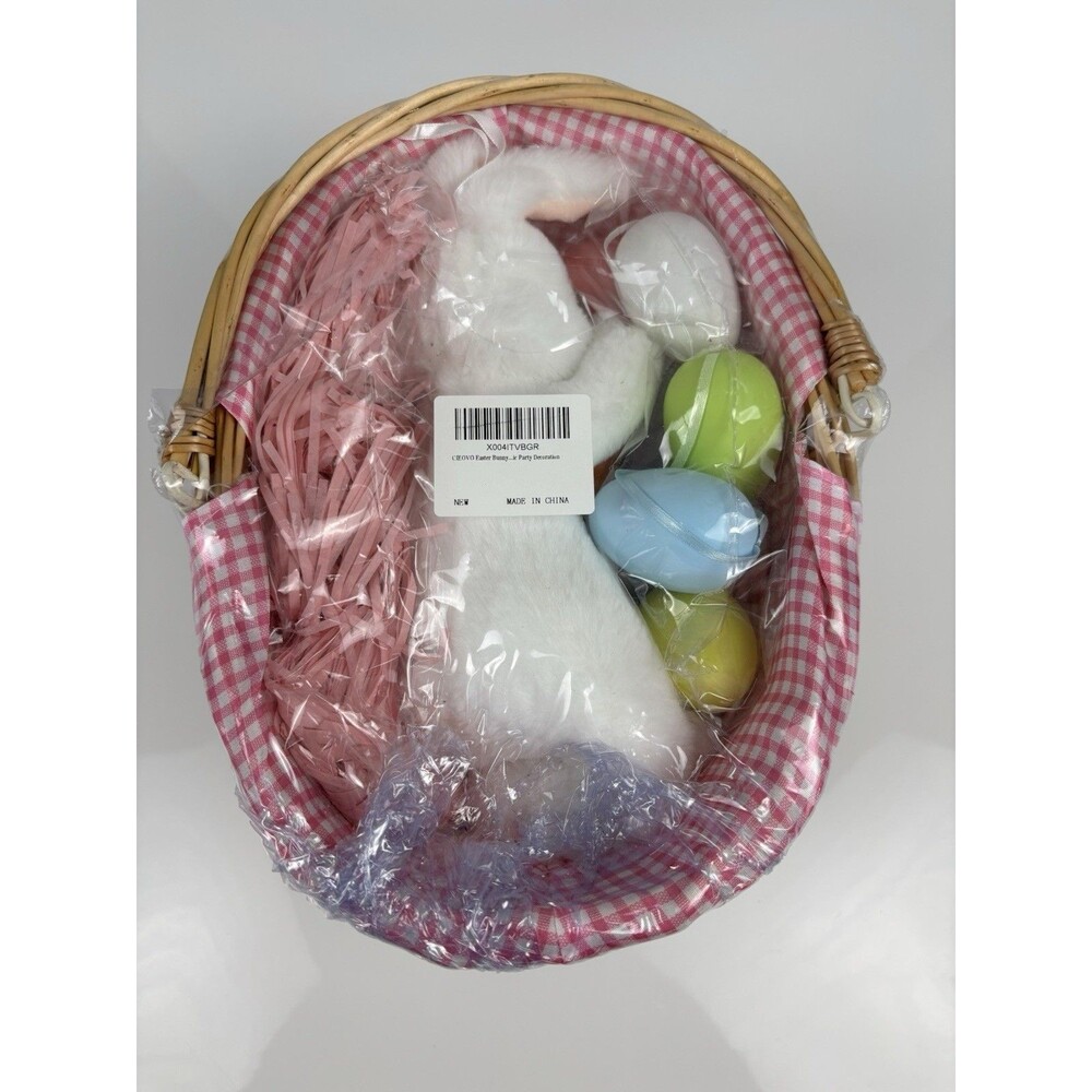 Easter Bunny Basket Gift Set - New Plush Bunny Eggs Wicker Basket Pink Gingham